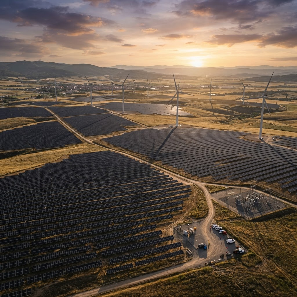 Aerial view of a solar and wind energy farm at golden hour