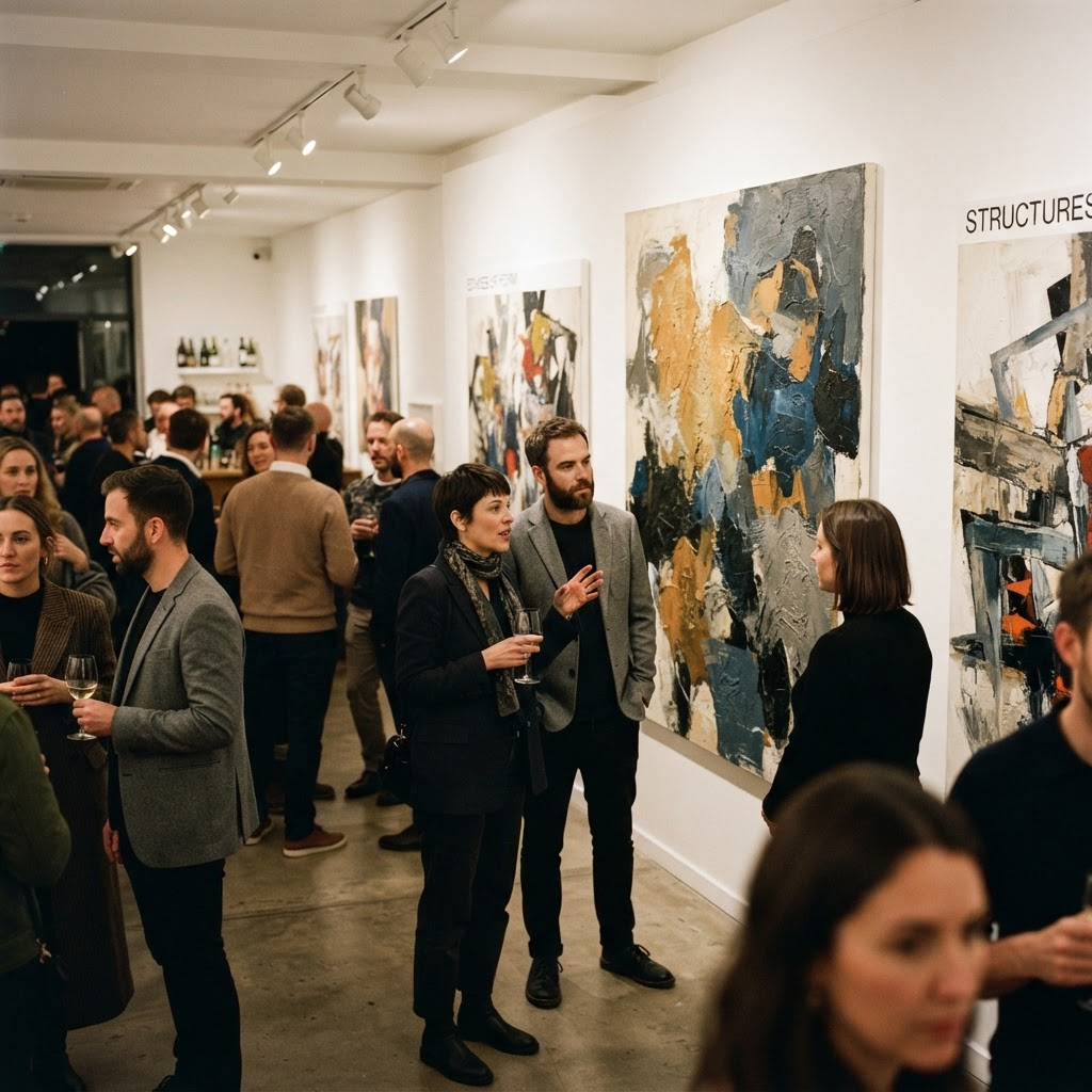 Gallery opening with people viewing large abstract paintings