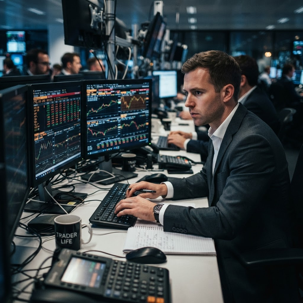 Financial trading floor with glowing data screens